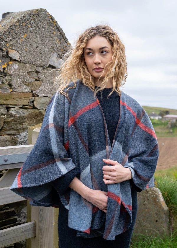 John Hanly Lambswool Cape | Blue Navy Rust Red Check