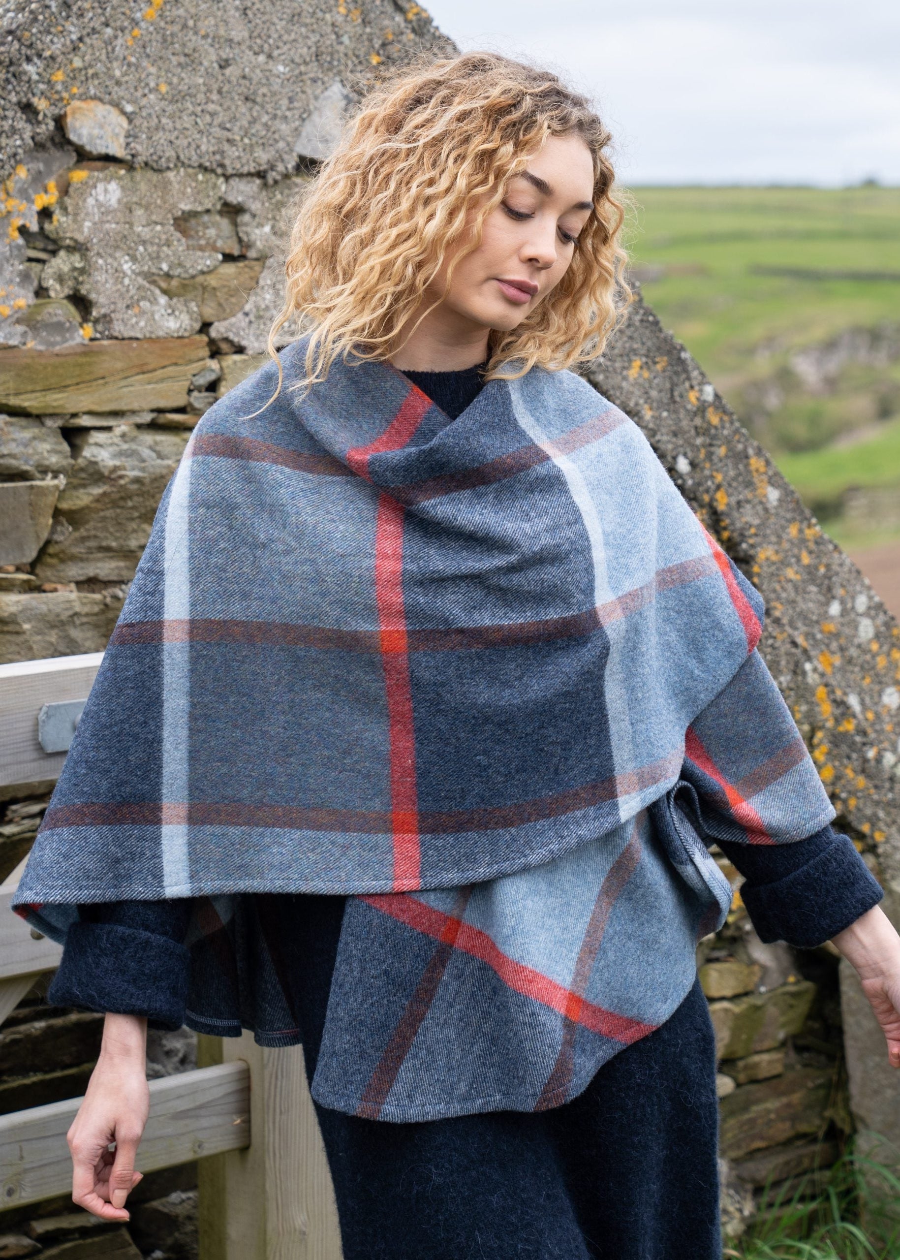 John Hanly Lambswool Cape | Blue Navy Rust Red Check