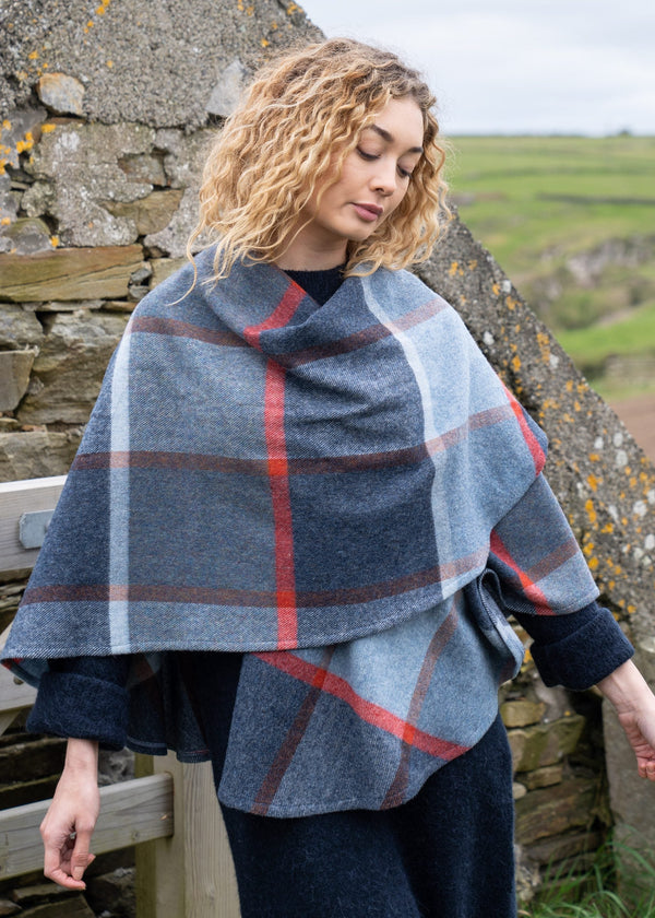 John Hanly Lambswool Cape Shawl | Blue Navy Rust Red Check | Irish Wool