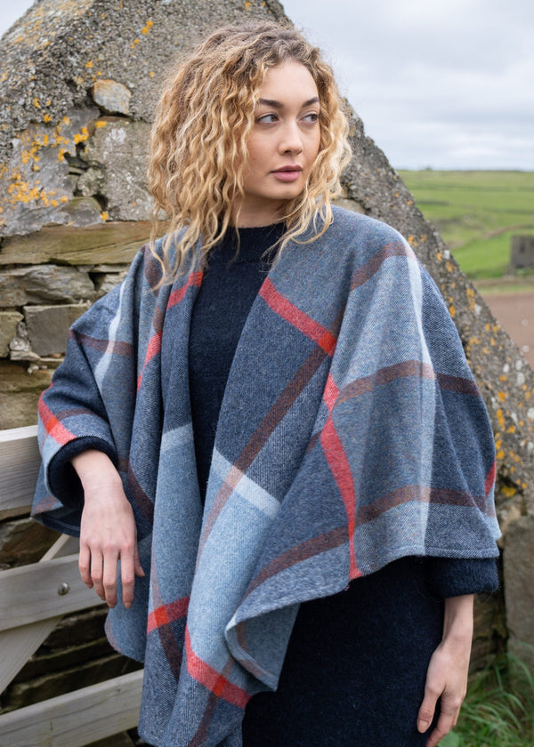 John Hanly Lambswool Cape | Blue Navy Rust Red Check