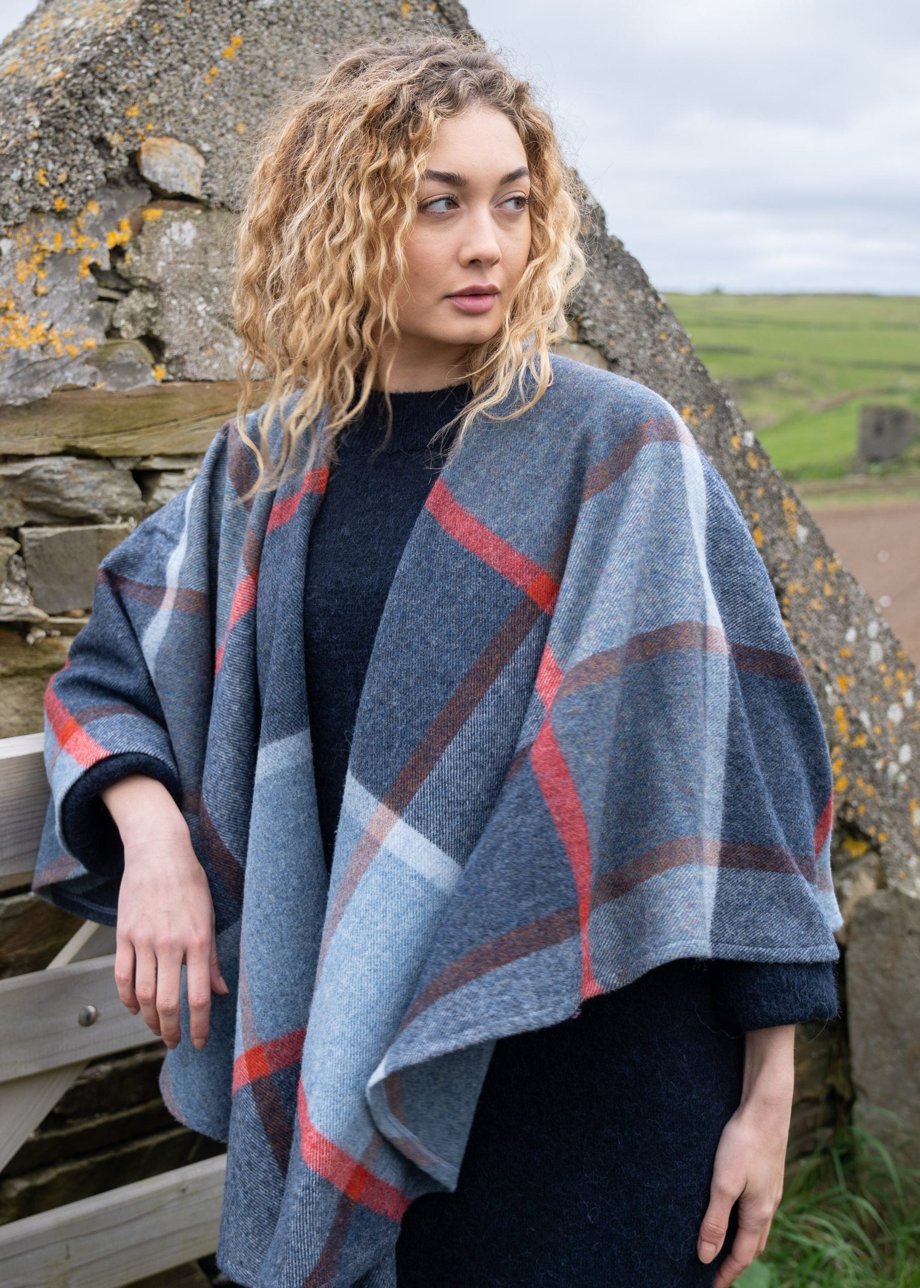 John Hanly Lambswool Cape Shawl | Blue Navy Rust Red Check | Irish Wool