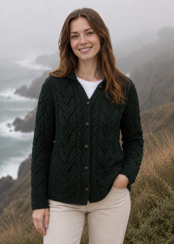 SuperSoft Merino Wool Ladies Aran Cardigan | Army Green