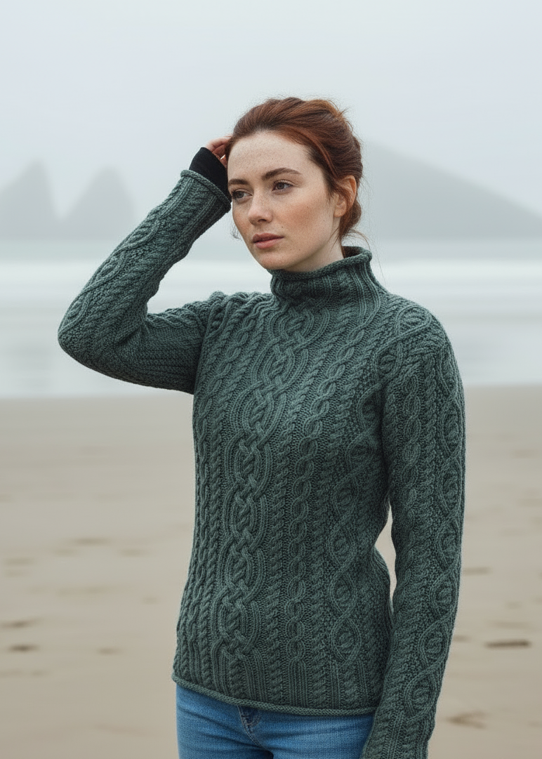 Super Soft Funnel Neck Aran Sweater | Green