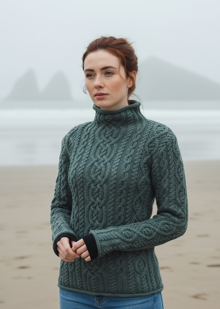 Super Soft Funnel Neck Aran Sweater | Green