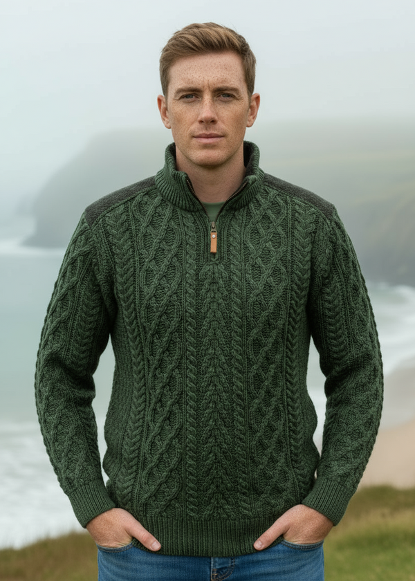 Aran Tweed 1/4 Zip Sweater | Green