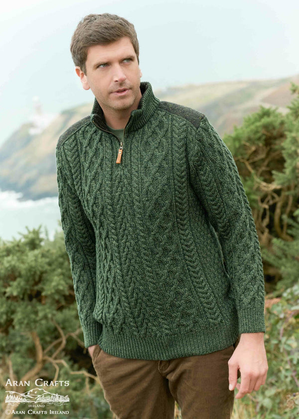 Aran Tweed 1/4 Zip Sweater | Green