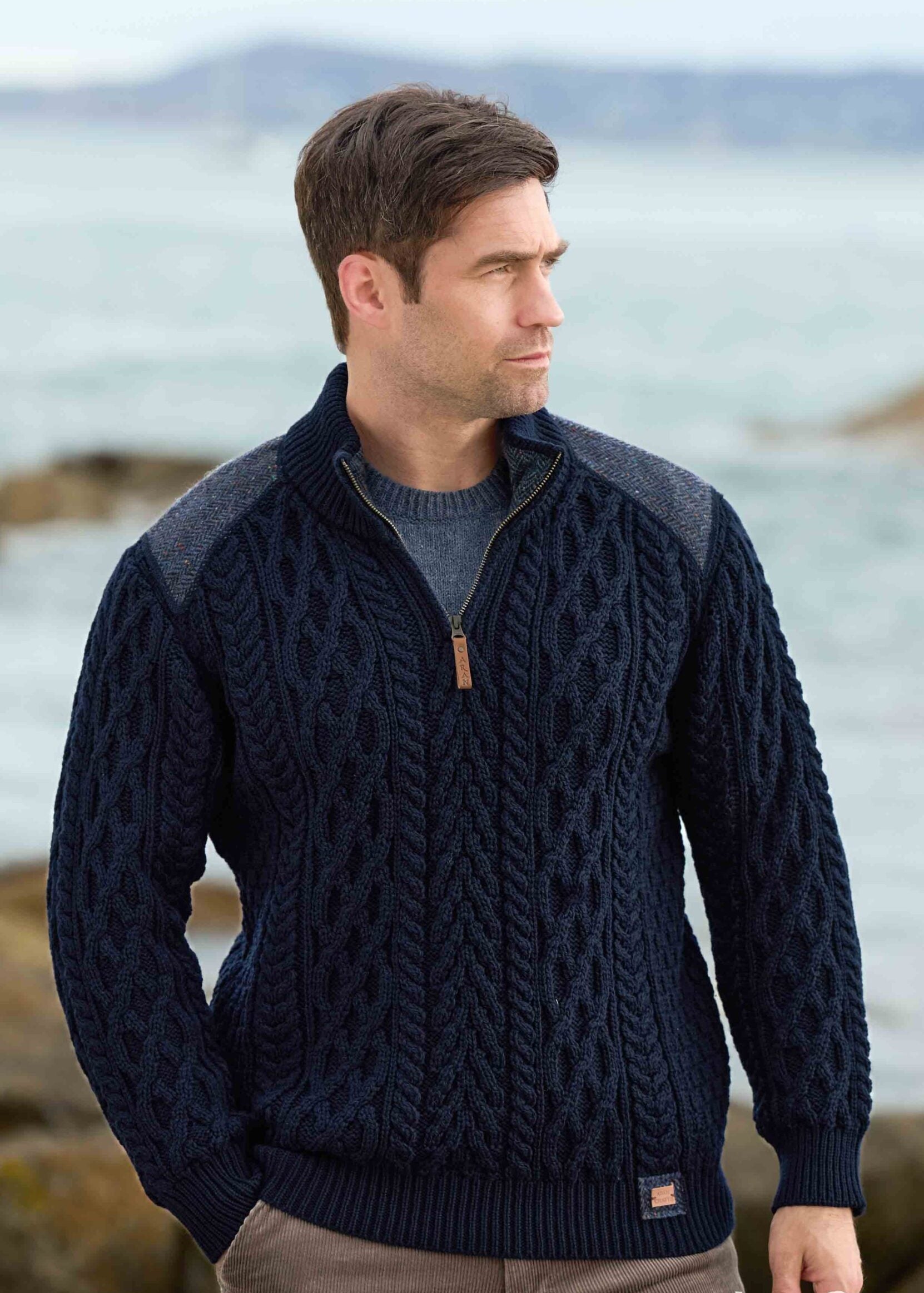Aran Tweed 1/4 Zip Sweater | Men's Irish Merino Wool | Navy