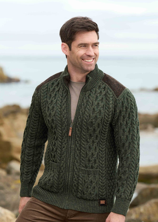 Aran Tweed Zip Sweater | Men's Irish Merino Wool | Green