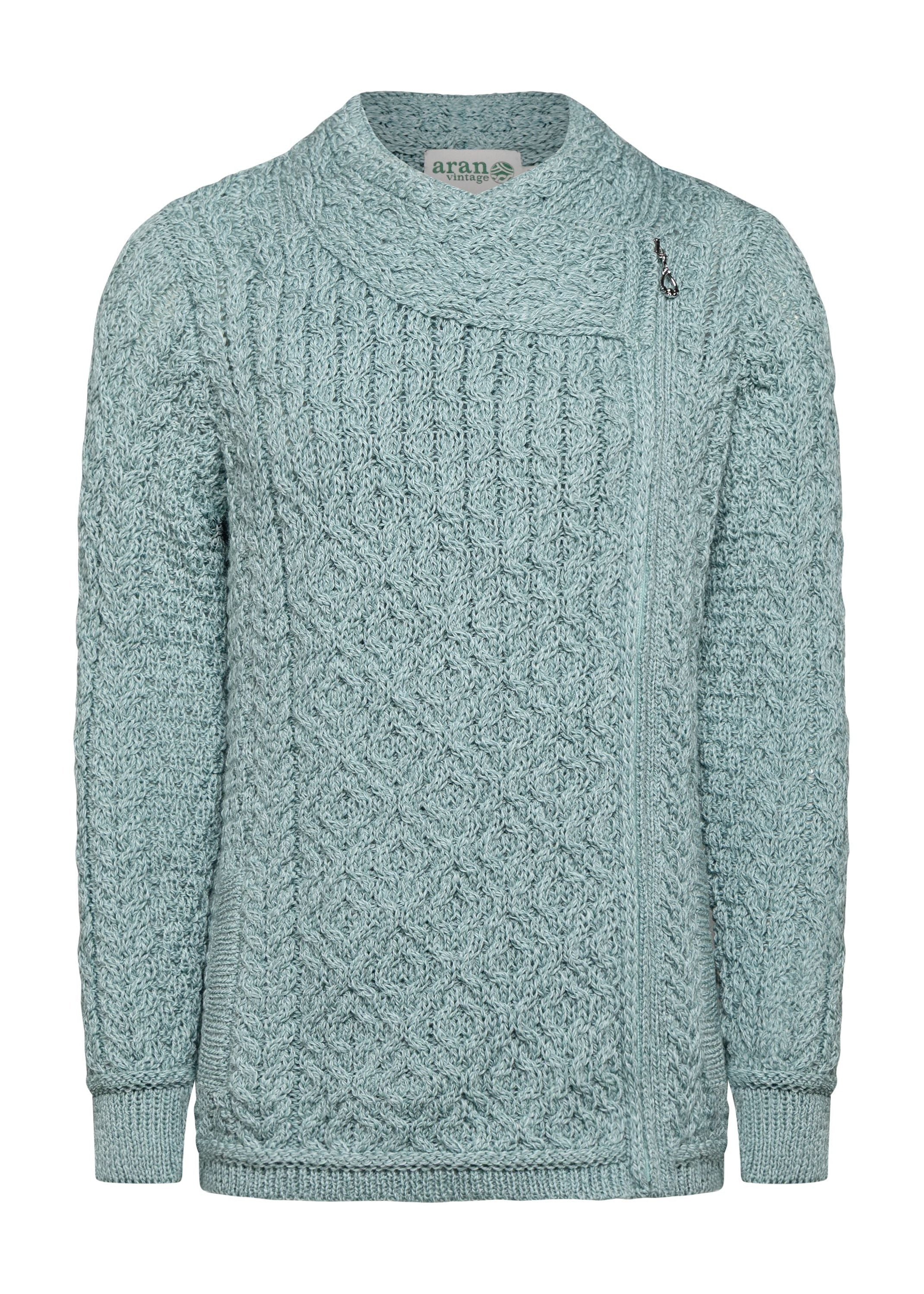 Claddagh Zip Aran Cardigan | Aqua
