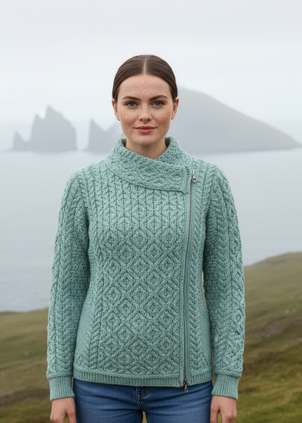 Claddagh Zip Skellig Aran Cardigan | Aqua