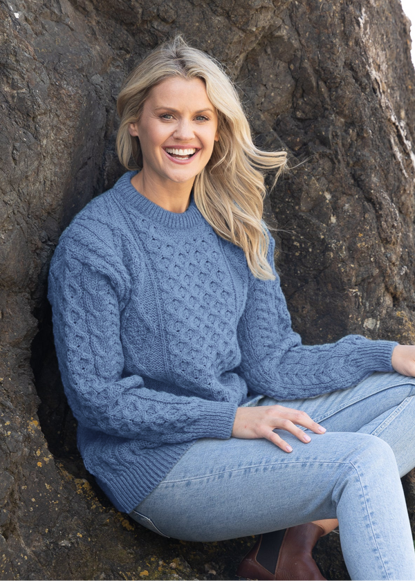 Unisex Aran Wool Sweater | Denim