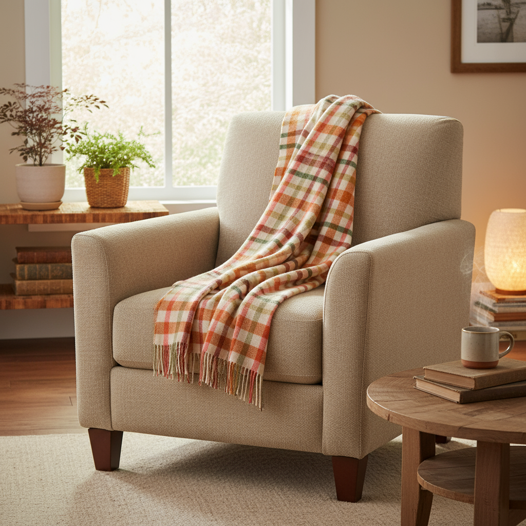 Lambswool Throw Beige Green Rust Maroon Check