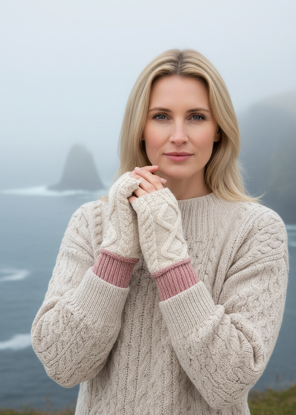 Two Tone Aran Mittens | Pink & Natural