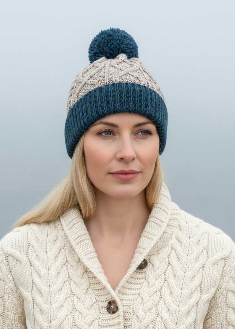 Two Tone Aran Pom Pom Hat | Oatmeal/Mallard