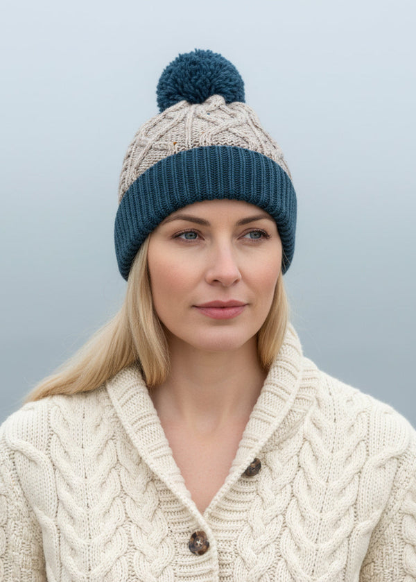 Two Tone Aran Pom Pom Hat | Oatmeal/Mallard