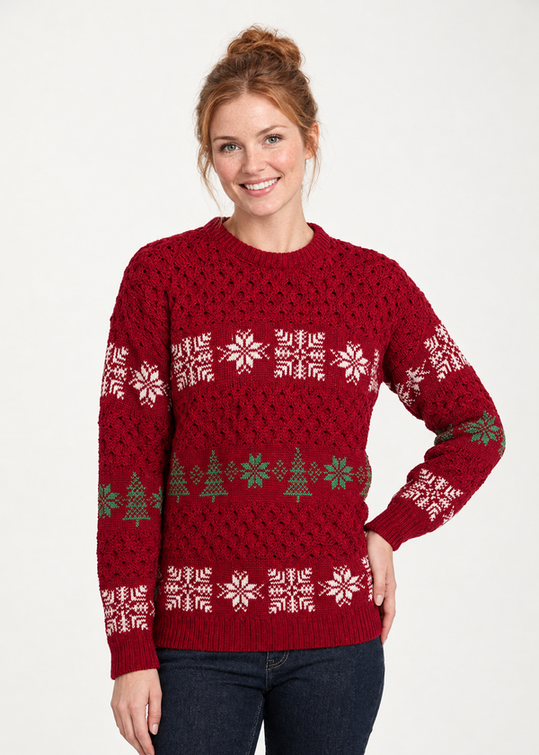 Unisex Aran Christmas Crew Neck Merino Wool Sweater