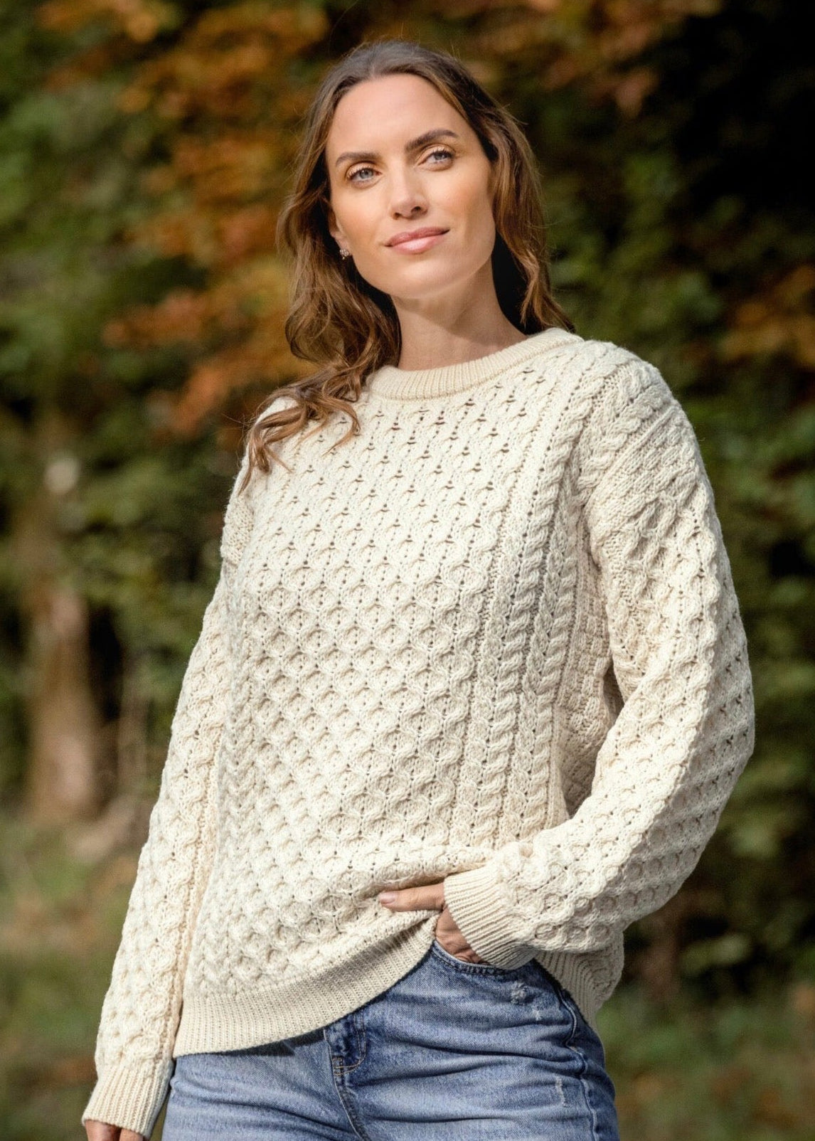Unisex Aran Crew Neck Merino Sweater | Traditional Irish Knitwear