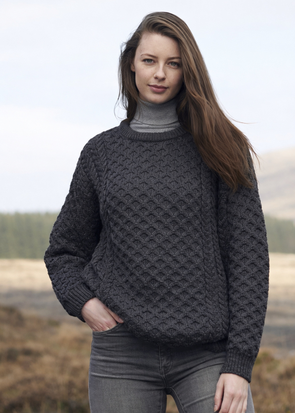 Unisex Aran Crew Neck Merino Wool Sweater | Charcoal | Traditional Irish Knitwear