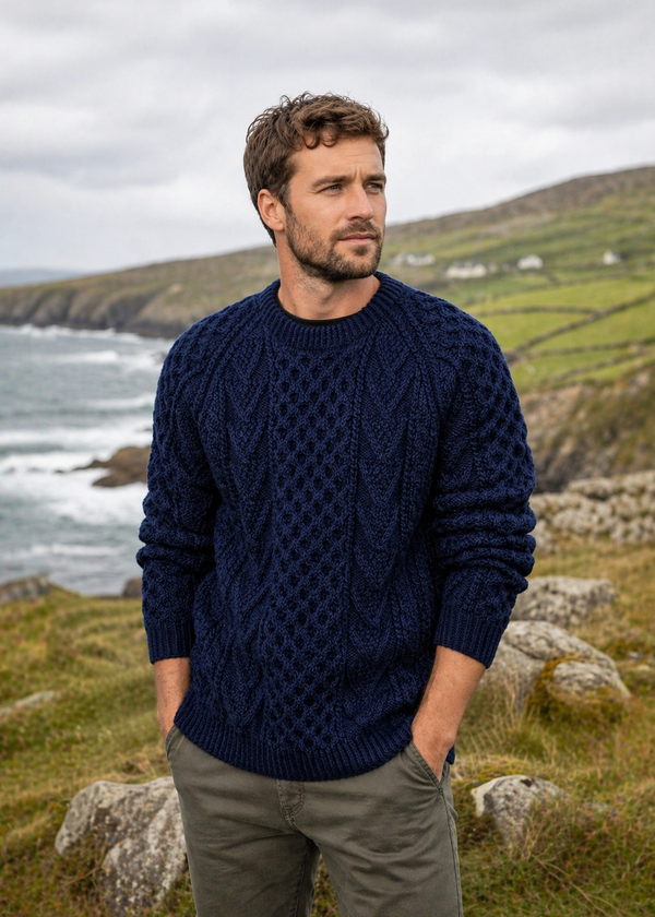 Unisex Aran Handknit Crew Neck Sweater - Atlantic | 100% Merino Wool