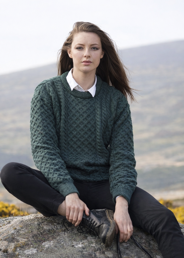 Unisex Aran Sweater | Moss Green Irish Wool | Traditional Cable Knit
