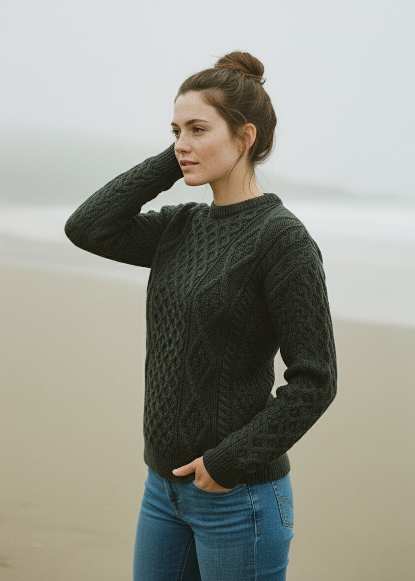 Unisex Aran Wool Sweater | Army Green