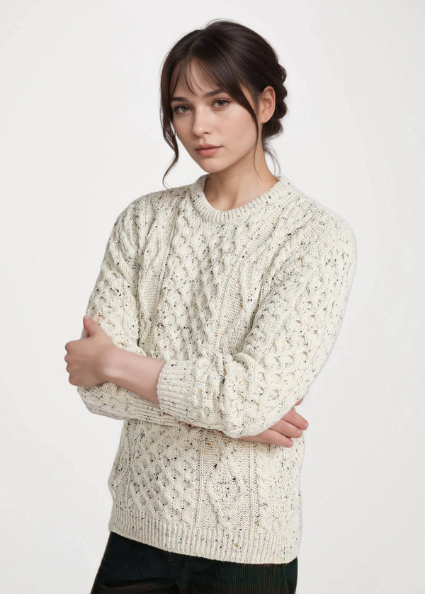 Unisex Aran Wool Sweater | Flecked Cream