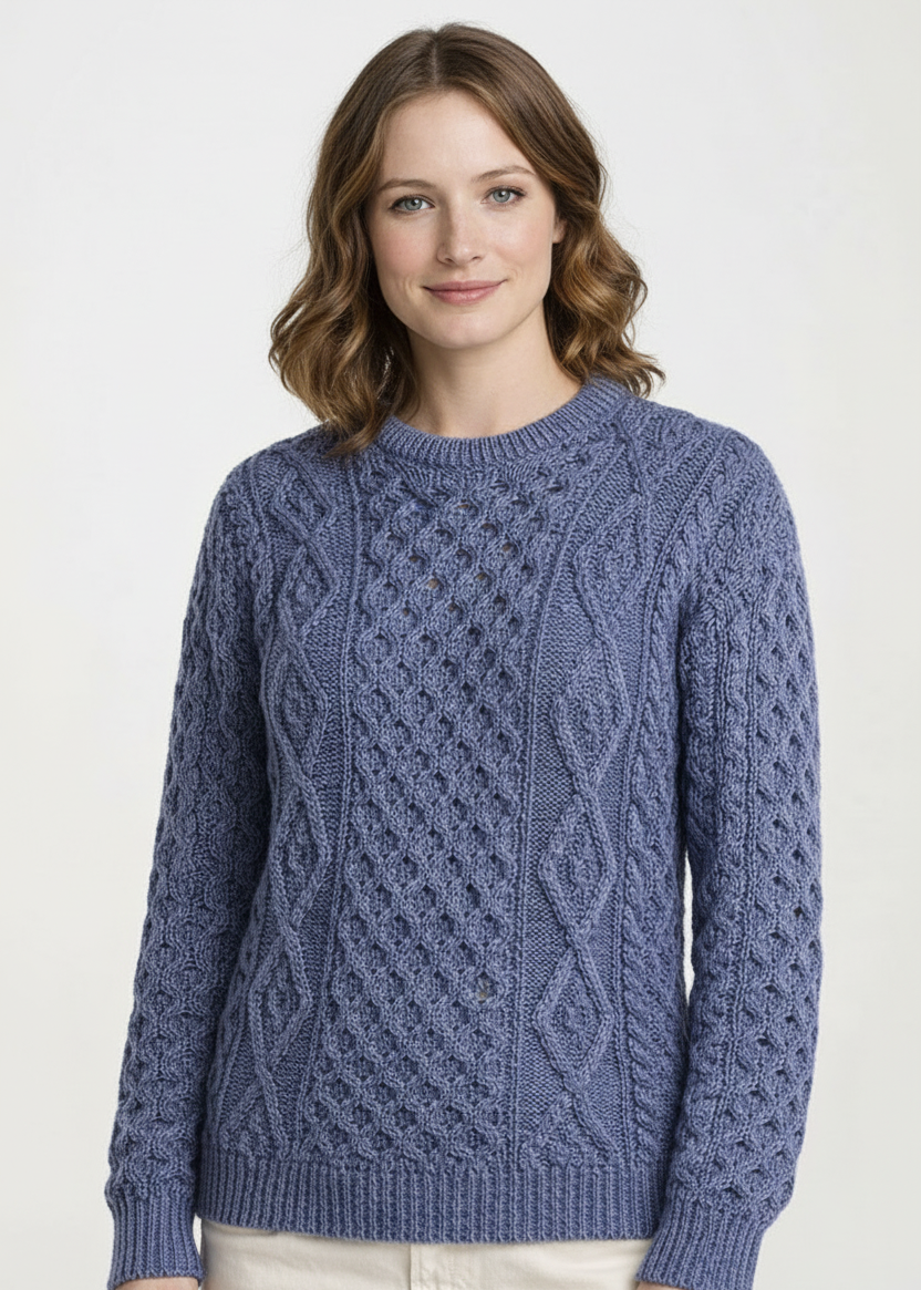 Unisex Aran Worsted Wool Sweater - Traditional Irish Knitwear | Denim