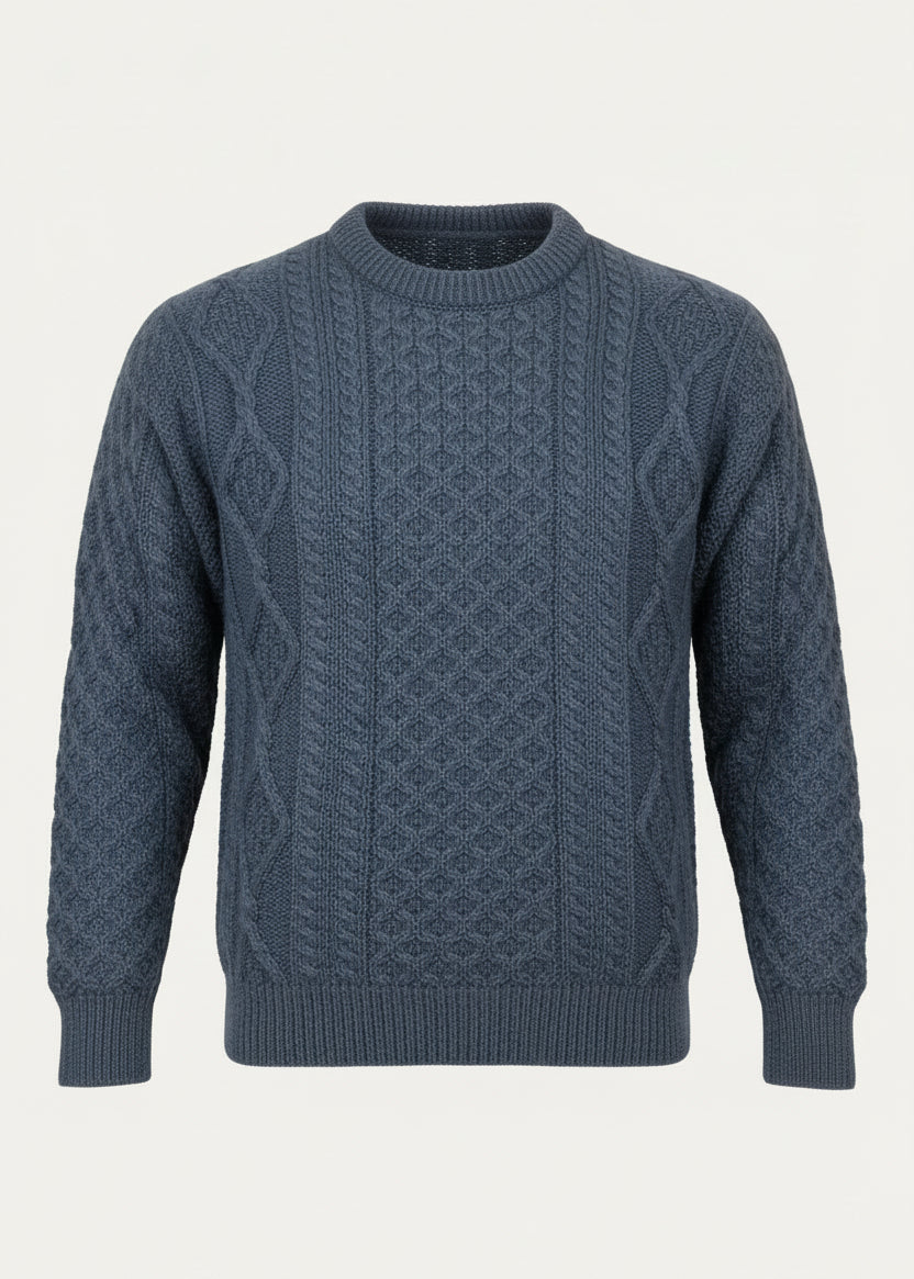 Unisex Irish Aran Sweater | Denim Blue | 100% Pure Wool