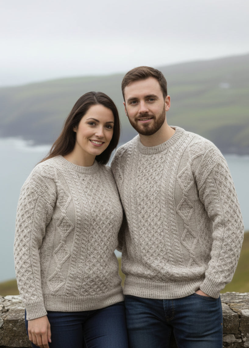 Unisex Traditional Aran Crew Neck Sweater | Oatmeal | Pure Wool