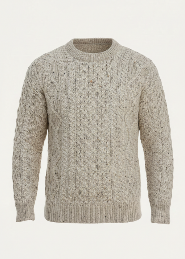 Unisex Traditional Aran Crew Neck Sweater | Oatmeal | Pure Wool