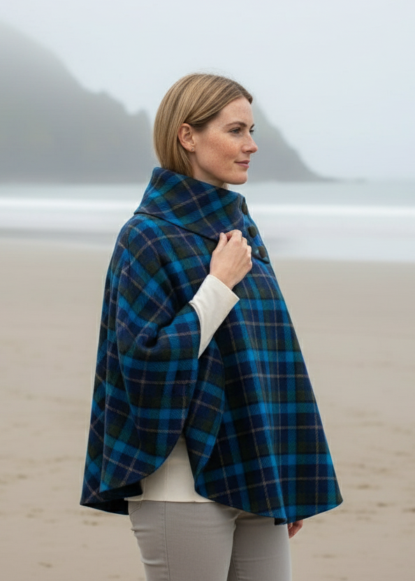 Mucros Poncho | Navy Blue Check