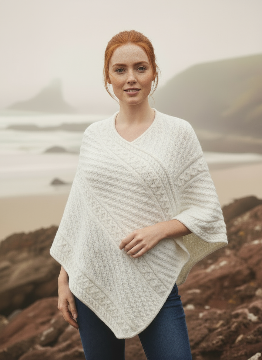 Aran Merino Wool V Poncho - Natural