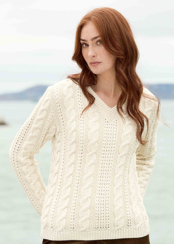 Super Soft Merino Wool V-Neck Aran Sweater