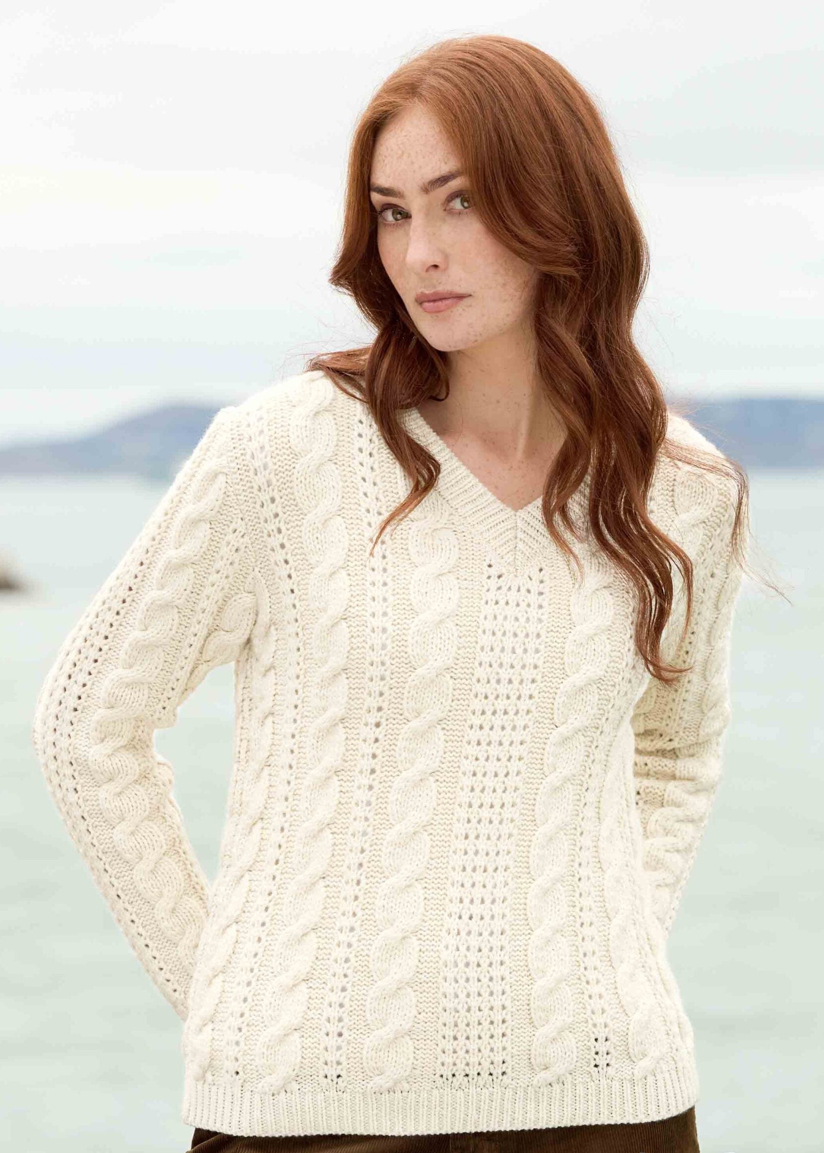 Super Soft Merino Wool V-Neck Aran Sweater