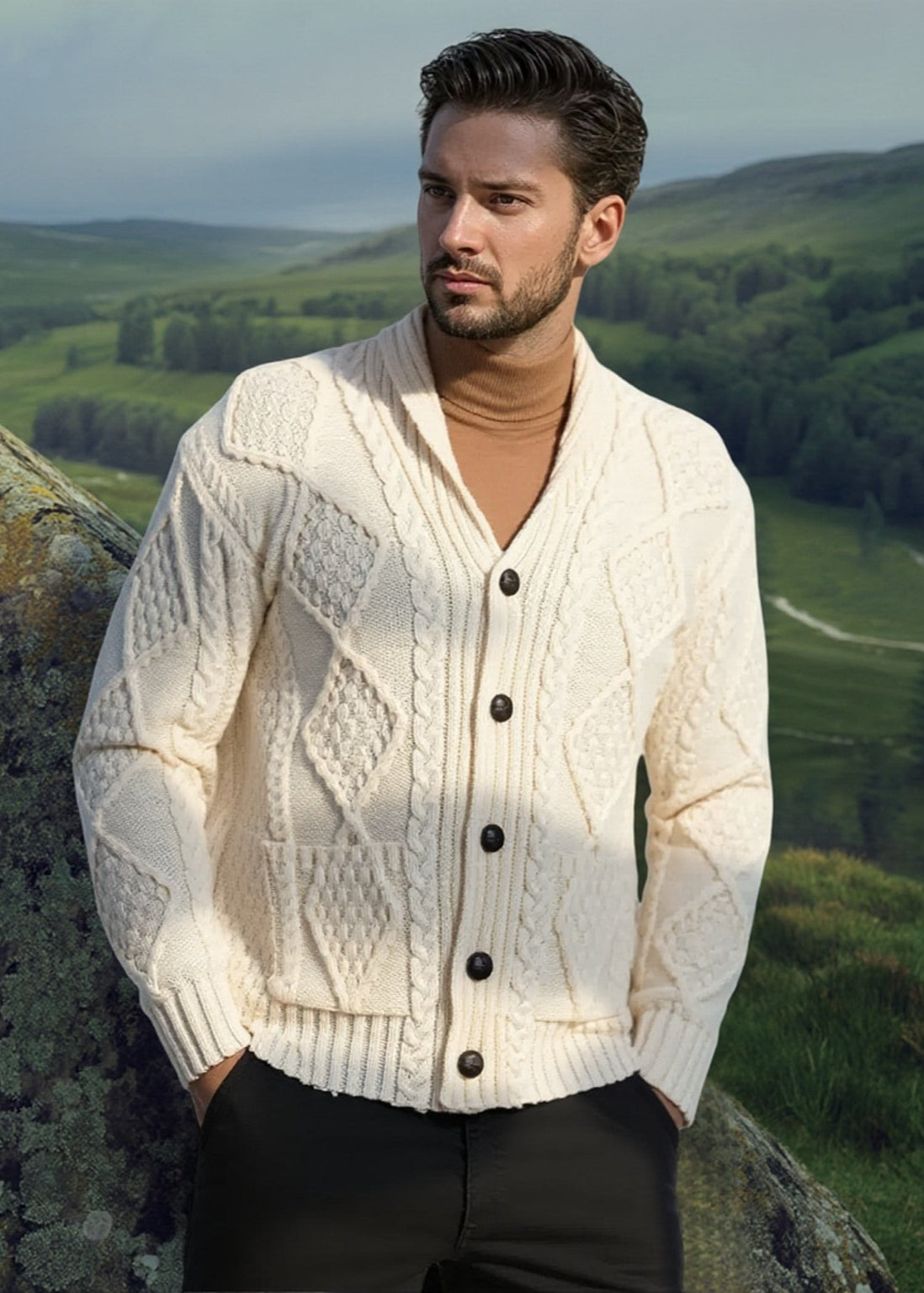 Aran Men's Shawl Button Cardigan | Natural