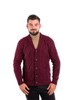 Gilet Aran à col châle pour homme, couleur bordeaux | 100 % laine mérinos