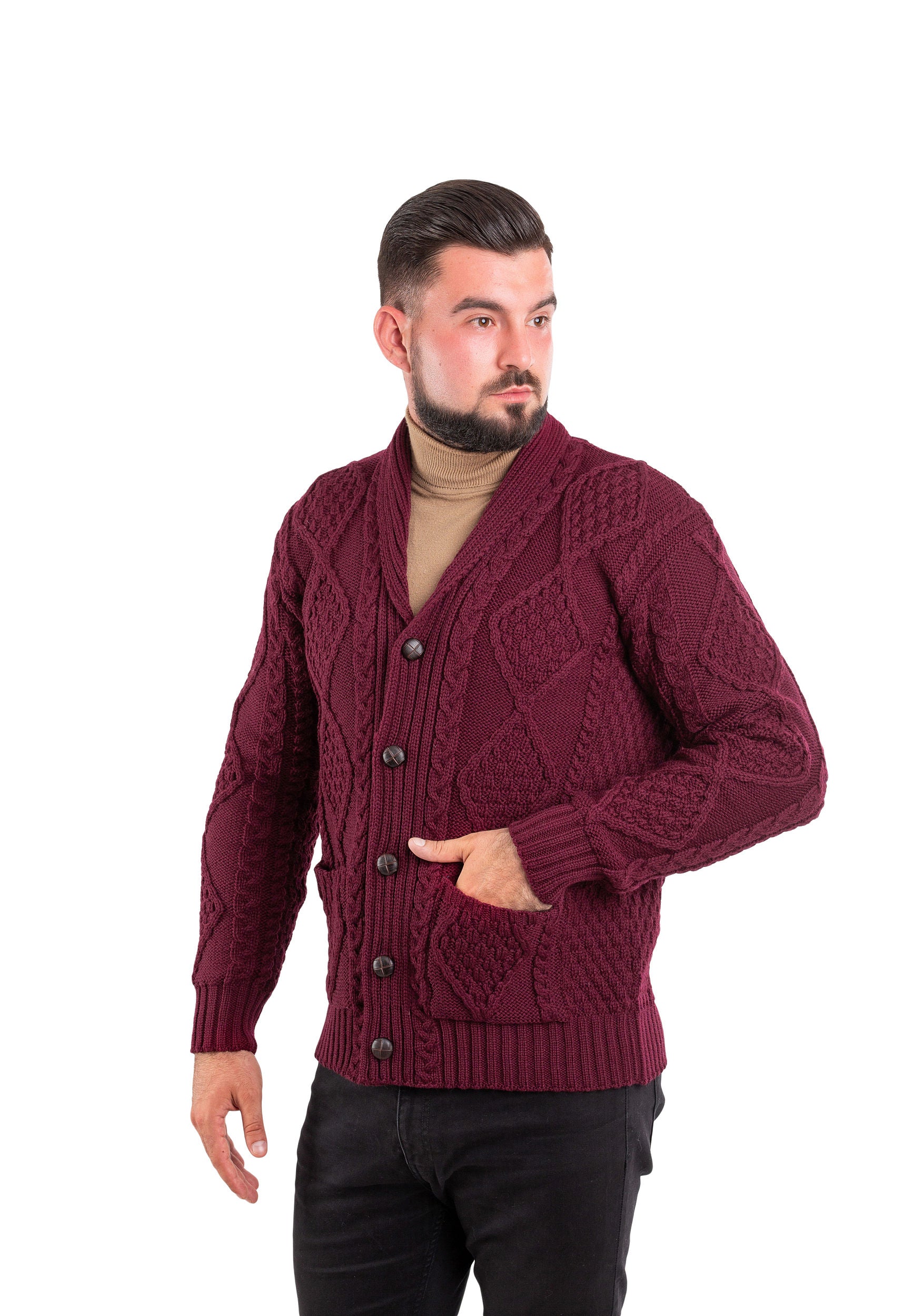 Gilet Aran à col châle pour homme, couleur bordeaux | 100 % laine mérinos