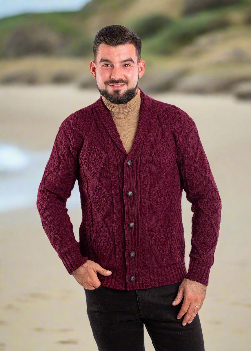 Aran Men's Shawl Button Cardigan | Wine