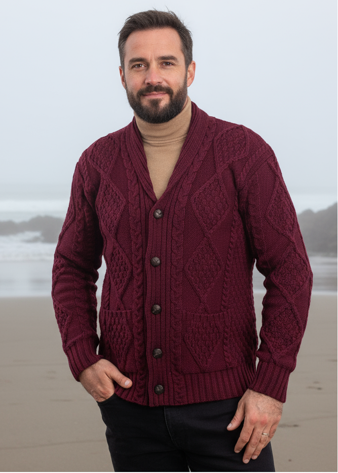 Aran Men's Shawl Button Cardigan | Wine