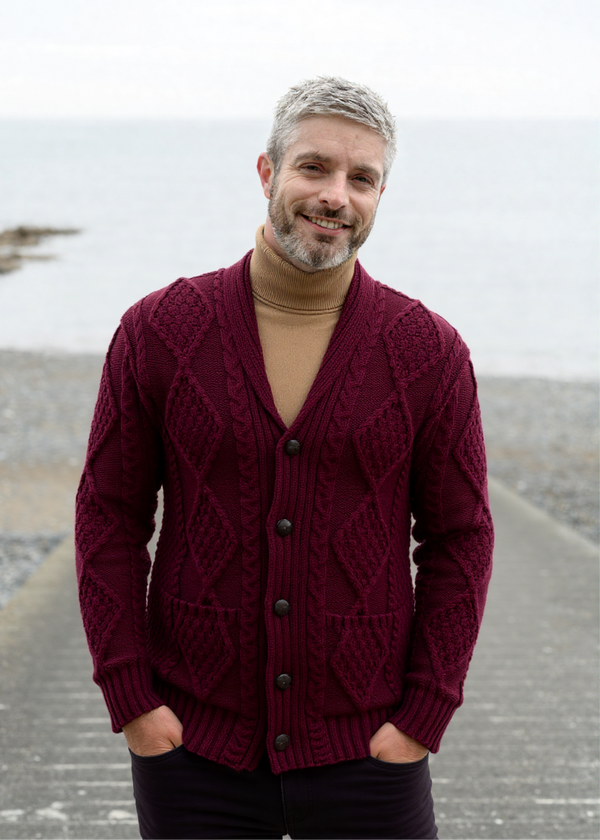 Aran Men's Shawl Button Cardigan | Wine