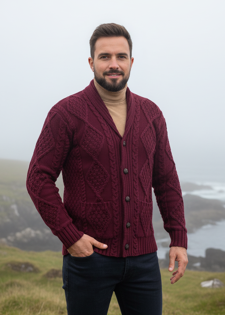 Aran Men's Shawl Button Cardigan | Wine 