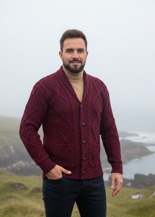 Aran Men's Shawl Button Cardigan | Wine 
