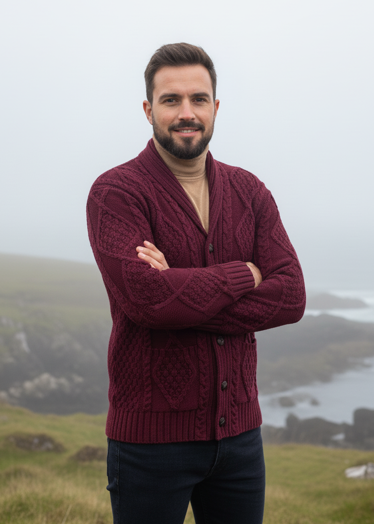 Aran Men's Shawl Button Cardigan | Wine 