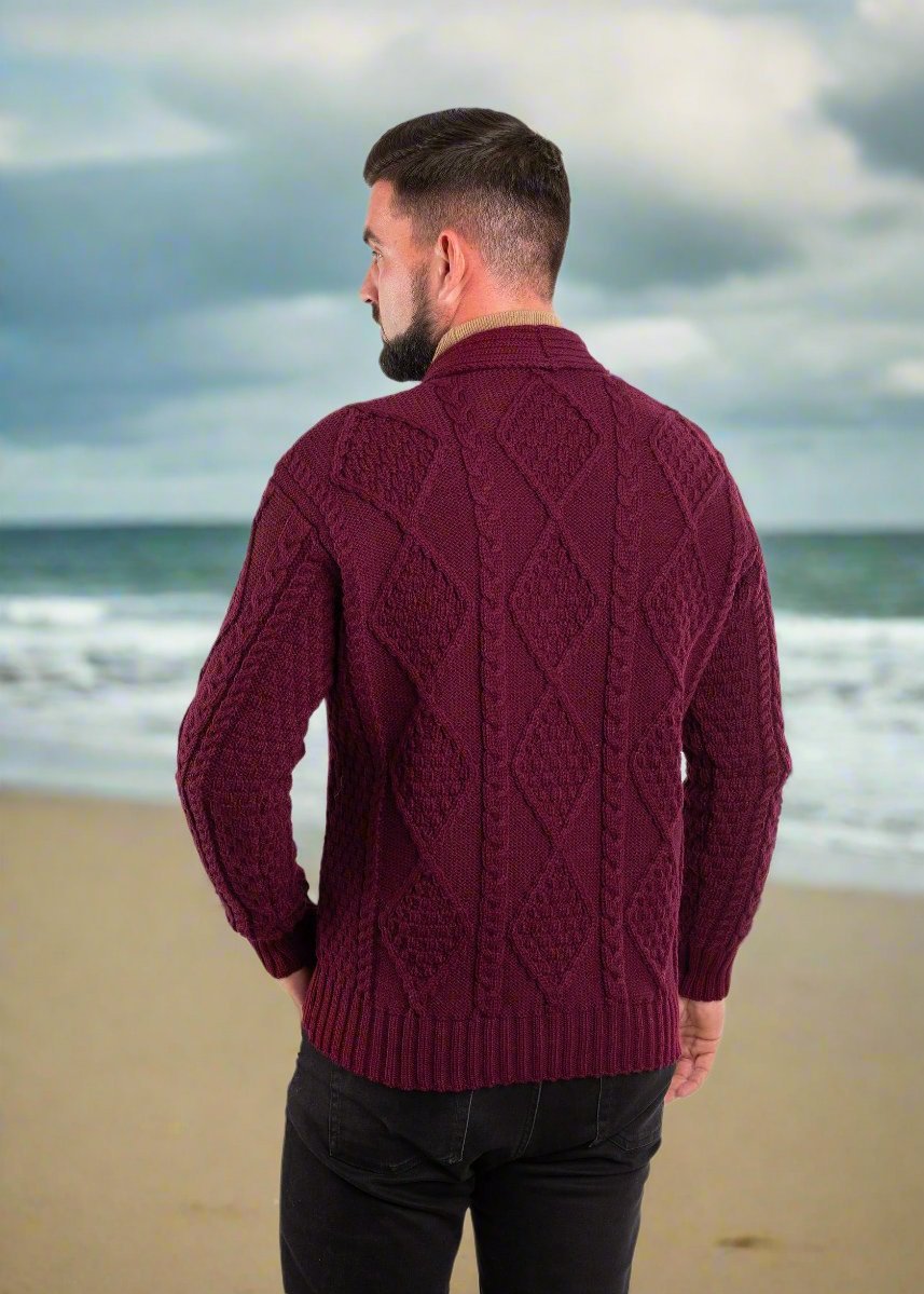 Aran Men's Shawl Button Cardigan | Wine