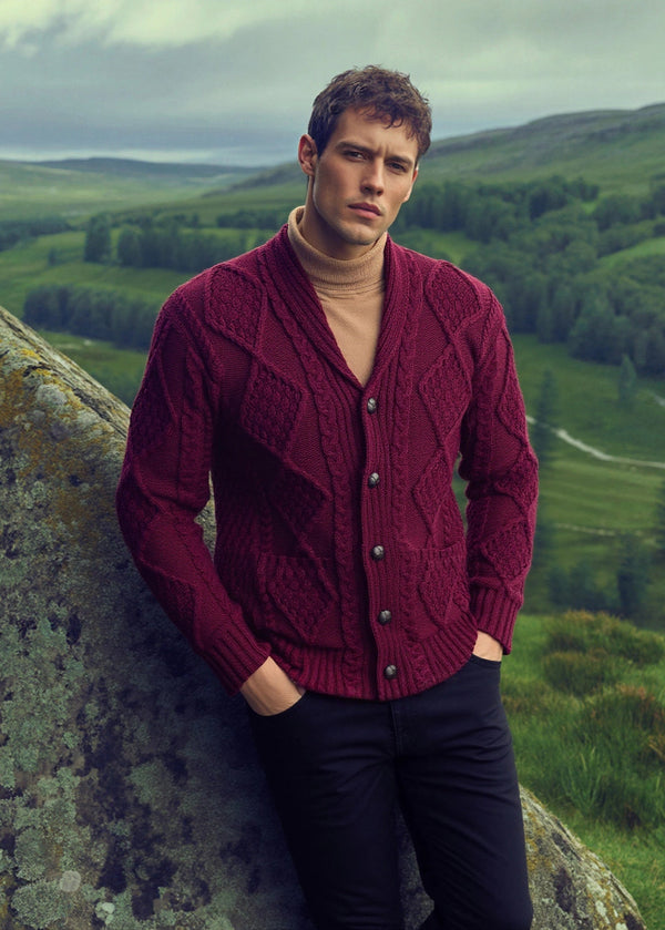 Aran Men's Shawl Button Cardigan | Wine 