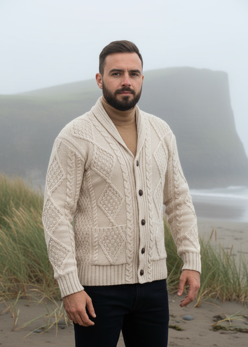 Aran Men's Shawl Button Cardigan | Oatmeal 