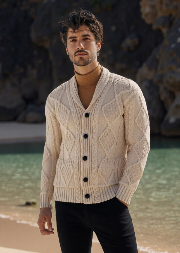 Aran Men's Shawl Button Cardigan | Oatmeal