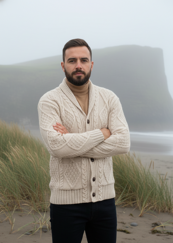 Aran Men's Shawl Button Cardigan | Oatmeal 