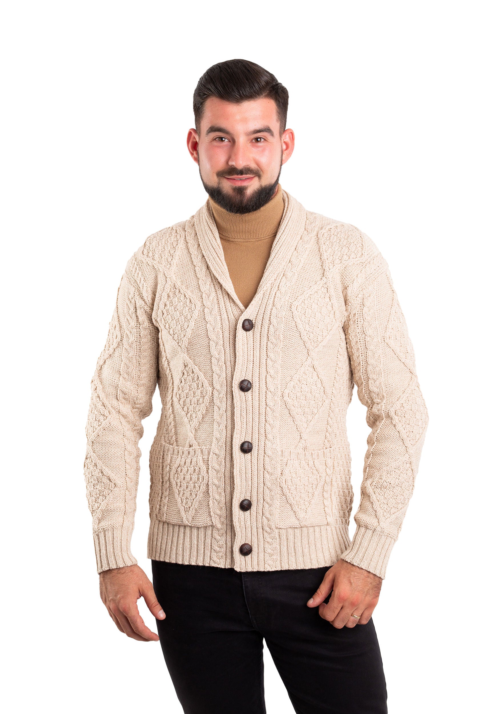 Gilet homme à col châle Aran | Avoine | 100 % laine mérinos - Liquidation