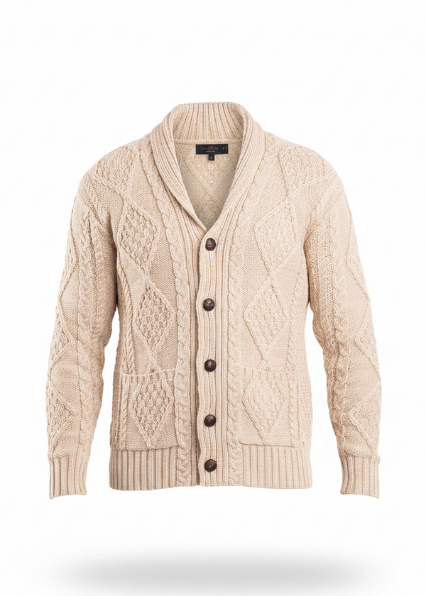 Men's Aran Shawl Collar Cardigan | Oatmeal | 100% Merino Wool - Clearance